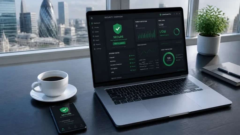 Laptop computer with cybersecurity on London office desk