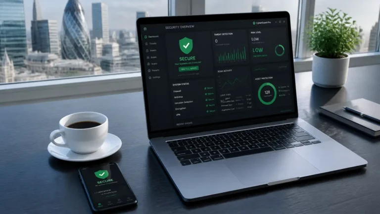 Laptop computer with cybersecurity on London office desk